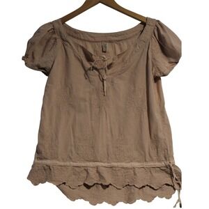 M&Co Embroidered Tunic Top Beige Short Sleeve Peasant Blouse